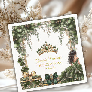 Emerald Green Golden Tiara Floral Quinceañera Napkin