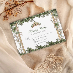 Emerald Green Golden Tiara Floral Quinceañera RSVP Card