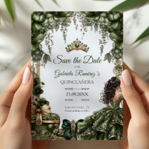 Emerald Green Golden Tiara Floral Quinceañera Save The Date