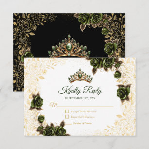 Emerald Green Golden Tiara Floral Rose Quinceañera RSVP Card