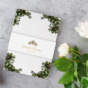 Emerald Green Golden Tiara Quinceañera Invitation Belly Band