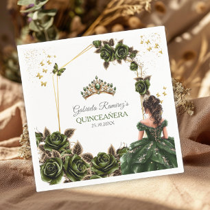 Emerald Green Golden Tiara Roses Quinceañera Napkin
