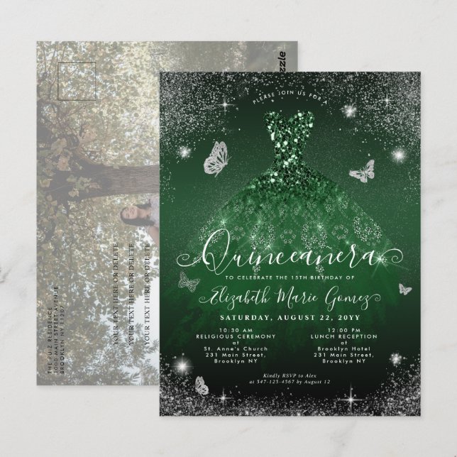 Emerald Green Gown Silver Photo Quinceanera Postcard (Front/Back)