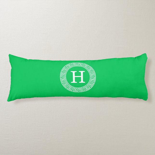 Emerald Green Greek Key Rnd Frame Initial Monogram Body Pillow (Front)
