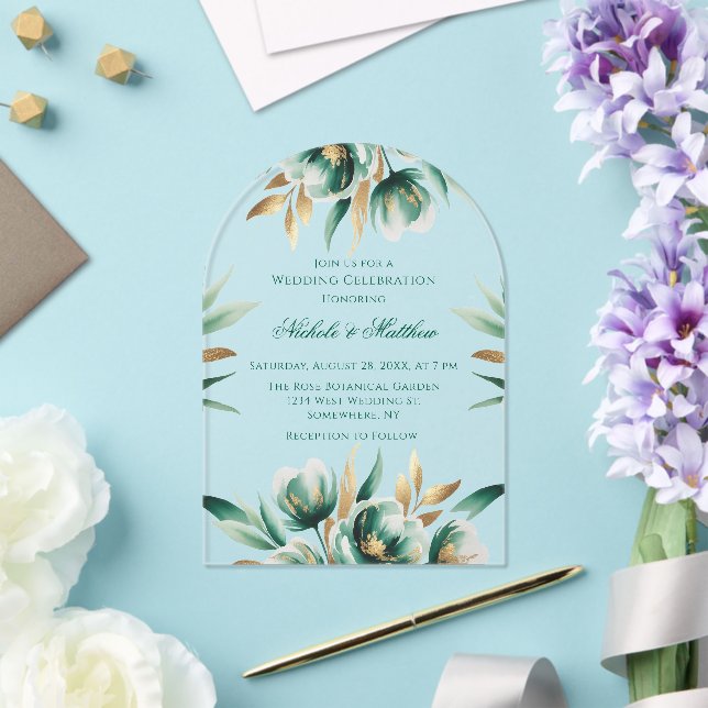 Emerald Green & Green Floral Wedding Celebration Acrylic Invitations (Insitu (Wedding))