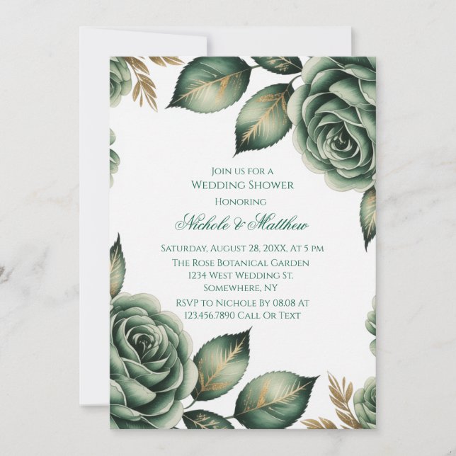Emerald Green & Green Floral Wedding Shower Invitation (Front)