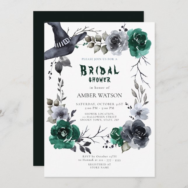Emerald Green Halloween Fall Floral Bridal Shower  Invitation (Front/Back)