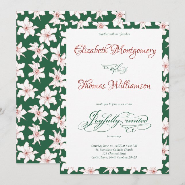 Emerald Green Hand Drawn Floral Wedding Invitation (Front/Back)