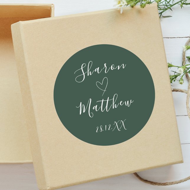 Emerald Green Handwritten Script Wedding Favour Classic Round Sticker (Creator Uploaded)