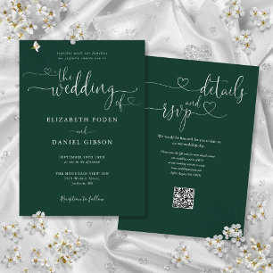 Emerald Green Heart Script QR Code Wedding Invitation