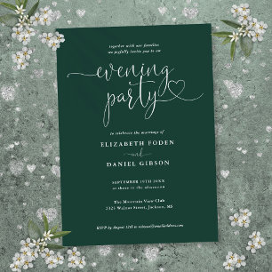 Emerald Green Heart Script Wedding Evening Party Invitation