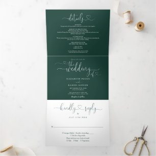 Emerald Green Heart Script Wedding Tri-Fold Invitation