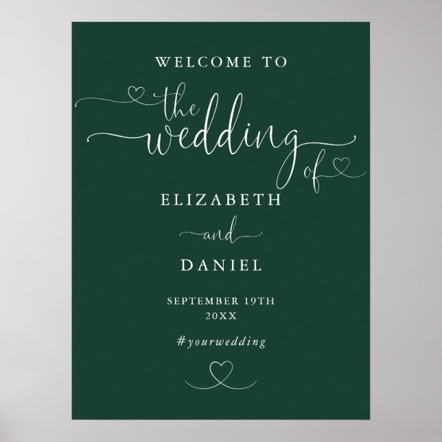 Emerald Green Heart Script Wedding Welcome Sign (Front)