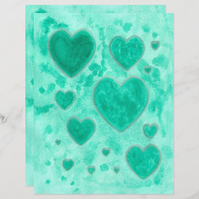 Emerald Green Hearts Watercolor Scrapbook Paper (Front/Back)