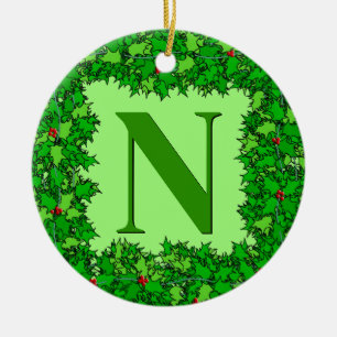 Emerald Green Holly Wreath Personalized  Ceramic Ornament
