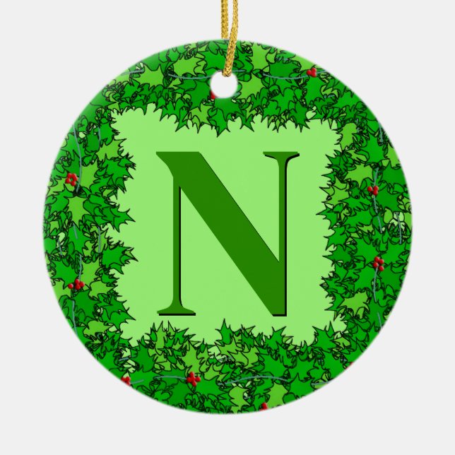 Emerald Green Holly Wreath Personalized  Ceramic Ornament (Front)