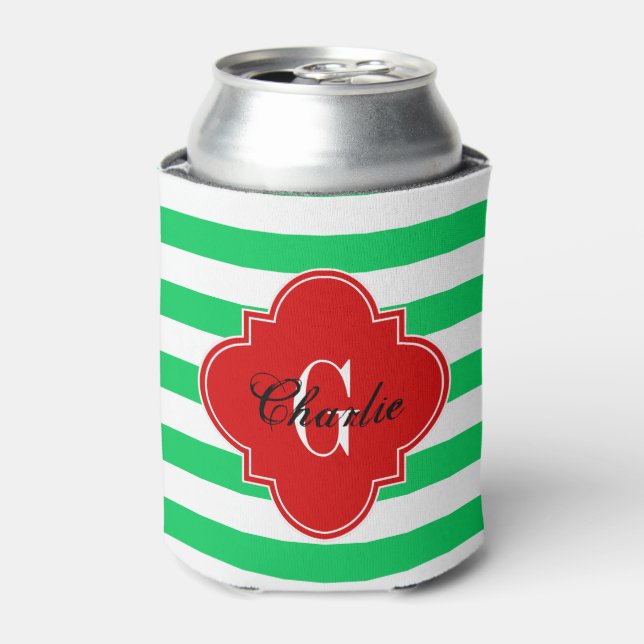 Emerald Green Horiz Stripe Red Name Init Monogram Can Cooler (Can Front)