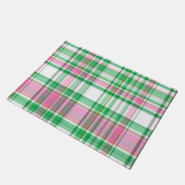 Emerald Green, Hot Pink, White Preppy Madras Plaid Doormat (Angled)
