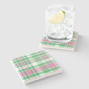 Emerald Green, Hot Pink, White Preppy Madras Plaid Stone Coaster