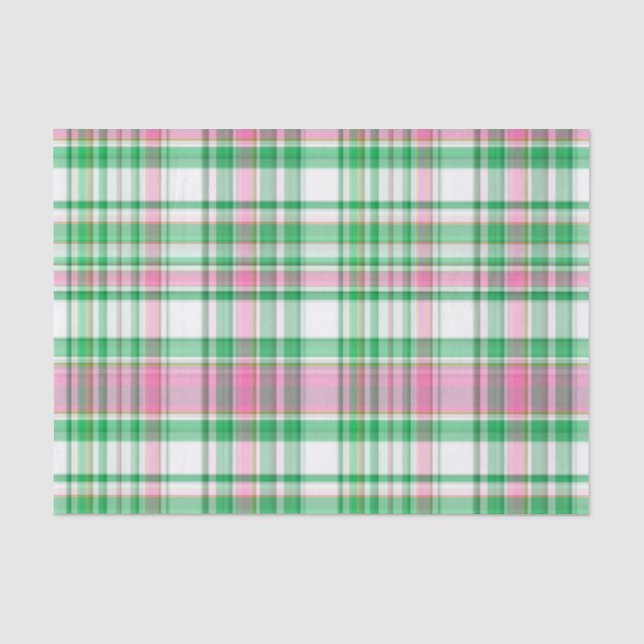 Emerald Green, Hot Pink, White Preppy Madras Plaid Tissue Paper (Front)