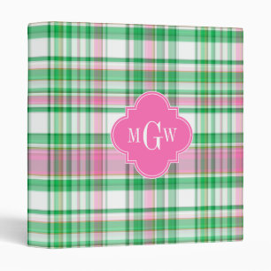 Emerald Green Hot Pink Wht Preppy Madras Monogram Binder
