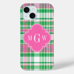 Emerald Green Hot Pink Wht Preppy Madras Monogram iPhone 15 Case