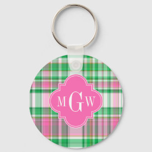 Emerald Green Hot Pink Wht Preppy Madras Monogram Keychain
