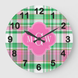 Emerald Green Hot Pink Wht Preppy Madras Monogram Large Clock