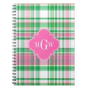 Emerald Green Hot Pink Wht Preppy Madras Monogram Notebook
