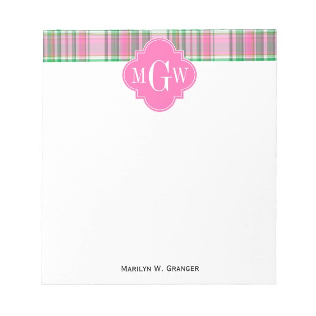Emerald Green Hot Pink Wht Preppy Madras Monogram Notepad (Front)