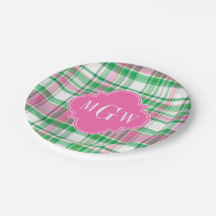 Emerald Green Hot Pink Wht Preppy Madras Monogram Paper Plate