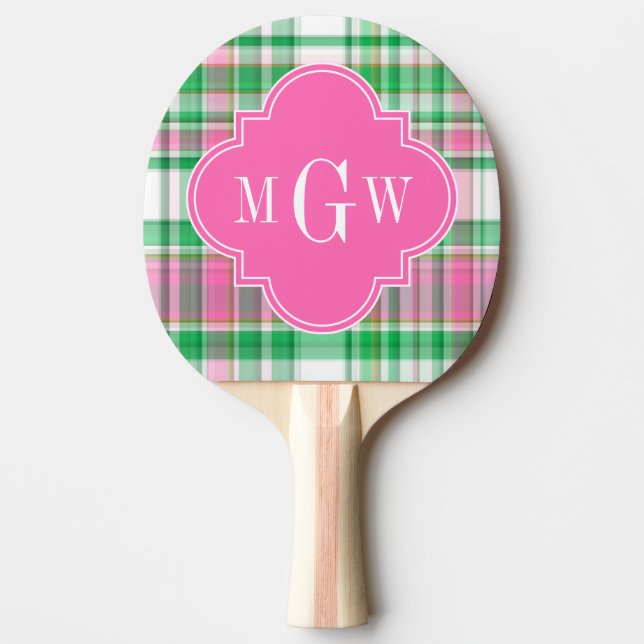 Emerald Green Hot Pink Wht Preppy Madras Monogram Ping Pong Paddle (Front)