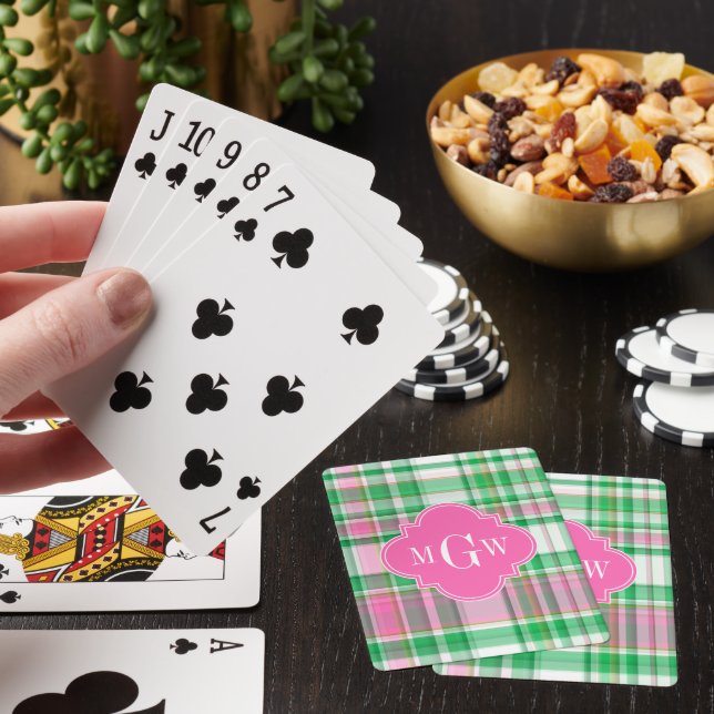 Emerald Green Hot Pink Wht Preppy Madras Monogram Playing Cards (In Situ)