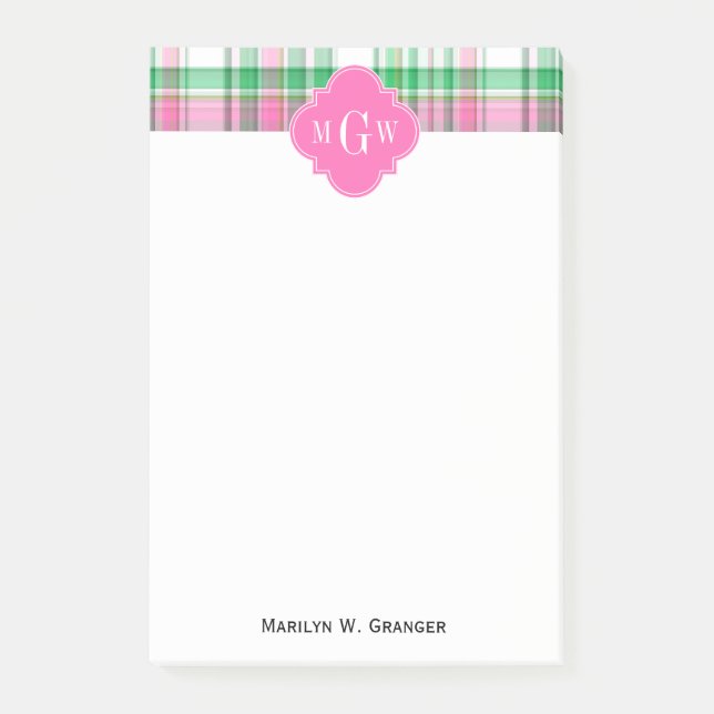 Emerald Green Hot Pink Wht Preppy Madras Monogram Post-it Notes (Front)