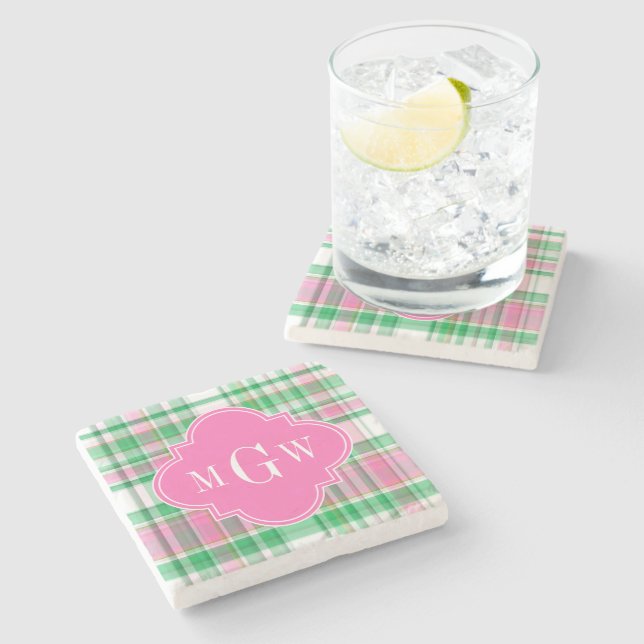 Emerald Green Hot Pink Wht Preppy Madras Monogram Stone Coaster (Side)