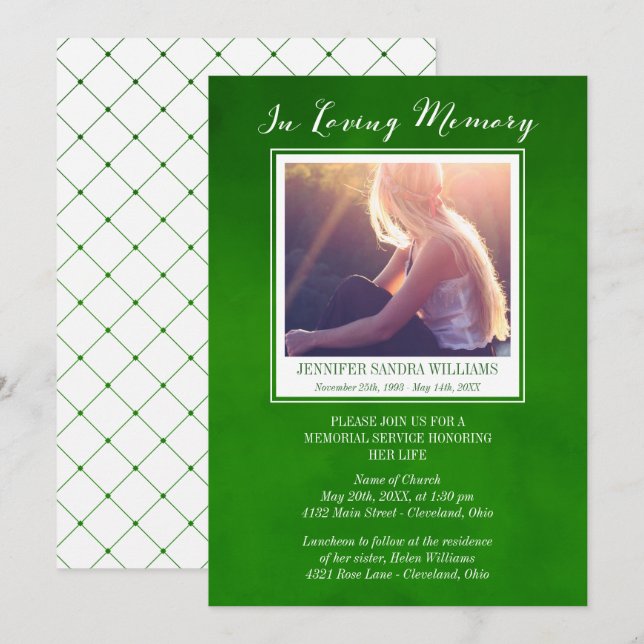 Emerald Green In Loving Memory Photo Memorial Invitation (Front/Back)
