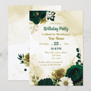 Emerald green ivory gold flowers birthday party invitation