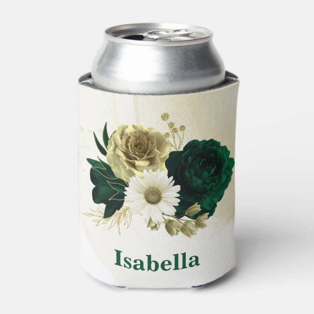 Emerald green ivory gold flowers monogram can cooler (Can Front)