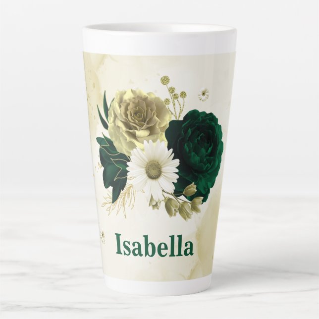 Emerald green ivory gold flowers monogram latte mug (Front)