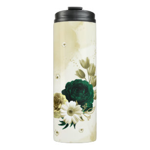 Emerald green ivory gold flowers thermal tumbler