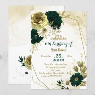 Emerald green ivory gold geometric birthday party invitation