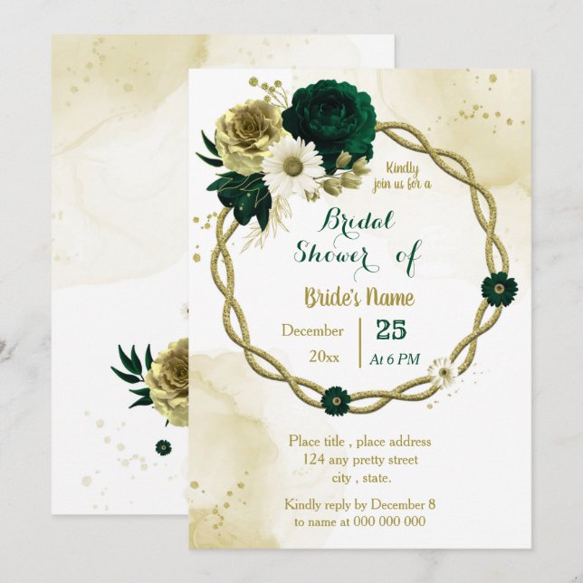 Emerald green ivory gold wreath bridal shower invitation (Front/Back)
