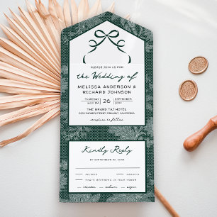 Emerald Green Lace Coquette Bow Wedding All In One Invitation