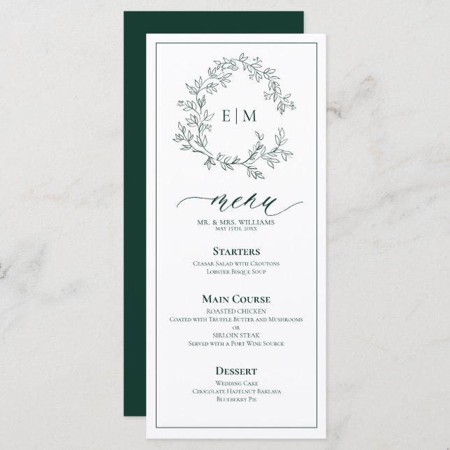 Emerald Green Leafy Crest Monogram Menu Mariage (Devant / Derrière)