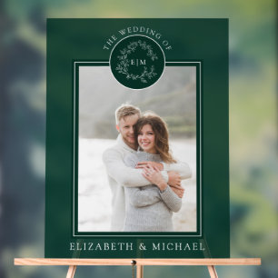 Emerald Green Leafy Crest Monogram Photo Wedding Acrylic Sign