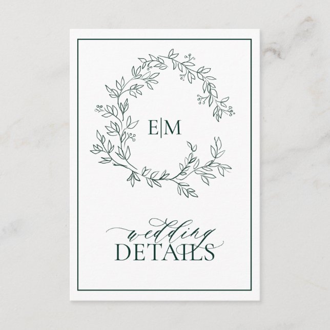 Emerald Green Leafy Crest Monogram Wedding Details Enclosure Card (Front)