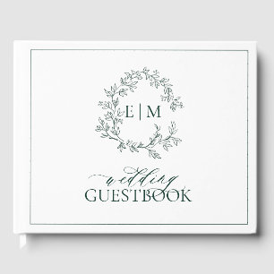 Emerald Green Leafy Crest Monogram Wedding Guest Book