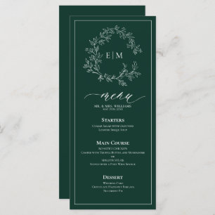Emerald Green Leafy Crest Monogram Wedding Menu