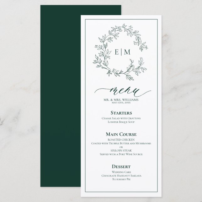 Emerald Green Leafy Crest Monogram Wedding Menu (Front/Back)