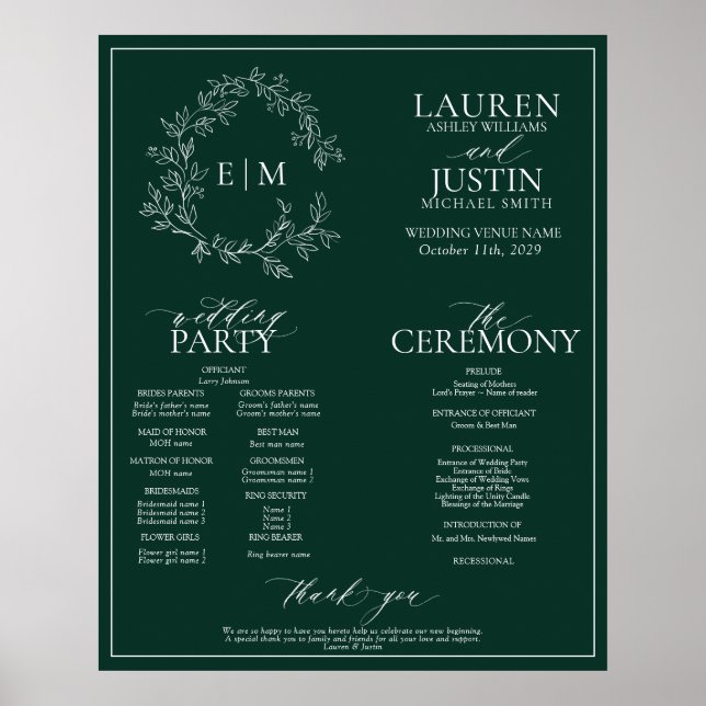 Emerald Green Leafy Crest Monogram Wedding Program Poster (Front)